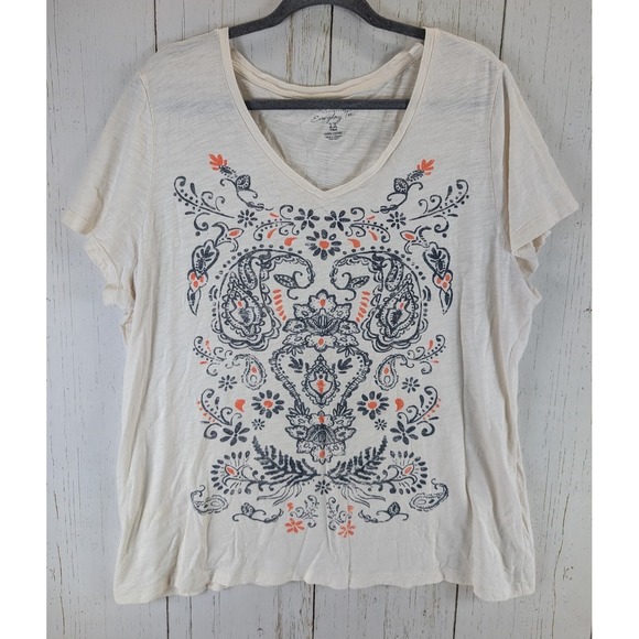 Sonoma Plus Size 1X Womens Multicolor Print Short Sleeve Cotton Top - Picture 1 of 7